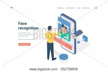 Man Testing Face Recognition App. Isometric Vector Illustration