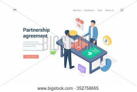 Businessmen Coming To Agreement During Meeting. Isometric Vector Illustration