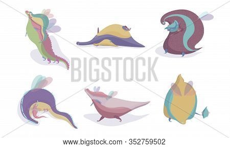 Fairy Dragons With Small Wings Playing With Their Cubs Vector Set