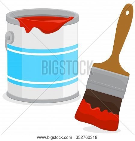 Red Paint Can And A Paint Brush. Vector Illustration