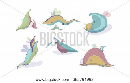 Cute Winged Dragons Playing With Their Cubs Vector Set