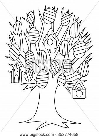 Easter Mood Decorated Tree Coloring Page For Kids And Adults. Garden Tree With Easter Eggs And Birdh