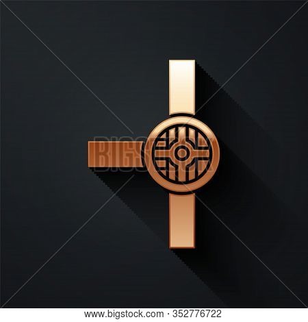 Gold Industry Metallic Pipes And Valve Icon Isolated On Black Background. Long Shadow Style. Vector 