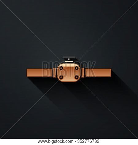 Gold Industry Metallic Pipes And Valve Icon Isolated On Black Background. Long Shadow Style. Vector 