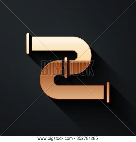 Gold Industry Metallic Pipe Icon Isolated On Black Background. Plumbing Pipeline Parts Of Different 