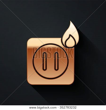 Gold Electric Wiring Of Socket In Fire Icon Isolated On Black Background. Electrical Safety Concept.