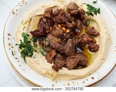 Freshly Made Classical Typical Hummus With Lamb Meat  Middle East Arabic Food