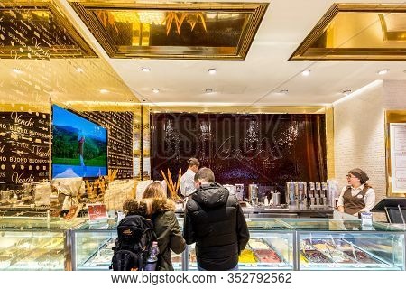 Florence, Italy - 12, March, 2018: Horizontal Picture Of Interior Of Venchi Store, A Tradiditonal It