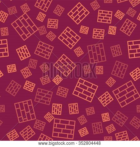Brown Line Bricks Icon Isolated Seamless Pattern On Red Background. Vector Illustration