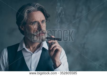 Portrait Of Pensive Brutal Harsh Masculine Old Man Mafiosi Fume Cigar Look Copyspace Imagine Rich We