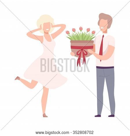 Romantic Couple In Love, Man Giving Pot With Blooming Flowers To Happy Blonde Woman Flat Vector Illu