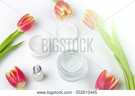 Natural Organic Homemade Cosmetics Concept. Skin Care, Remedy And Beauty Products: Containers With C