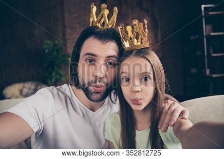 Closeup Photo Of Little Funny Lady Her Handsome Daddy Friendship Sit Comfy Sofa Making Taking Selfie
