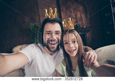 Closeup Photo Of Little Funny Lady Her Handsome Daddy Friendship Sit Comfy Sofa Making Taking Selfie