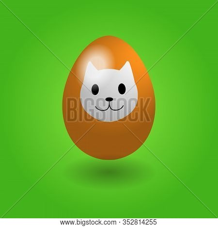 Easter Eggs With Cat Face. Varicoloured Easter Egg On Green Background.