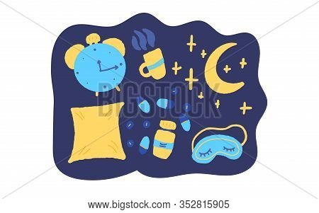 Insomnia Concept. Sleeplessness Symbols: Mask, Moon, Stars, Pillow, Alarm Clock, Pills. Problem With