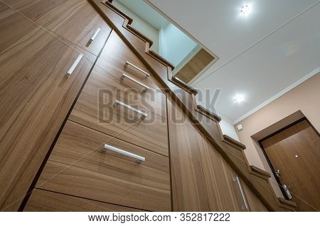 Modern Architecture Interior With Luxury Hallway With Glossy Wooden Stairs In Multi-storey House. Cu