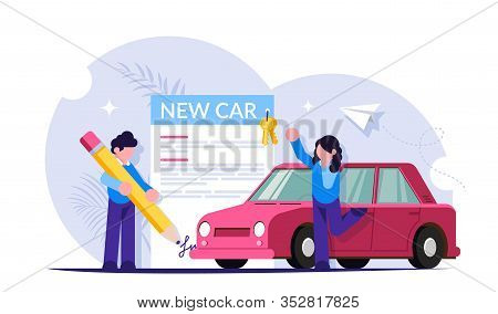 Buying A New Car Concept. Process Of Signing Documents And Handing Over The Car. People At The Car D
