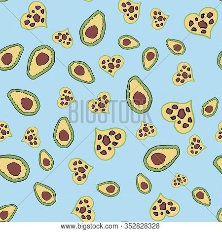 Avacado With Tropical Leaves, On A Blue Background, Cute Doodle Seamless Pattern, For Fabric Design 