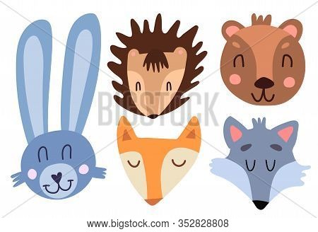 Cute Baby Faces Of A Hare, Hedgehog, Fox, Wolf And Bear. Funny Cartoon Style Cute Forest Animals. Wi