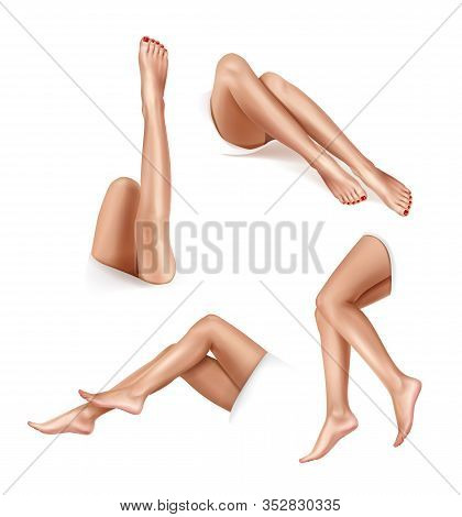 Beautiful Womens Legs In Various Positions. Depilation Concept. Vector Realistic Illustration Isolat
