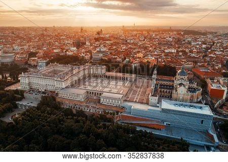 Royal Palace aerial view at sunrise in Madrid, Spain.