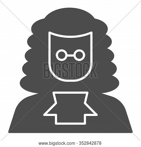 Judge In A Wig Solid Icon. A Lawyer With Peruke And Glasses. Jurisprudence Design Concept, Glyph Sty