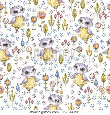 Watercolor Cute Nursery Naive Handpainted Baby Seamless Pattern With Owl, Forest Plants. Childish Ha