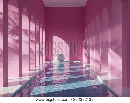 Swimming pool in hall with columns, pink colors, conceptual art, 3D illustration, rendering.