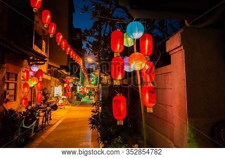 Yunlin, Taiwan - Feb 12th, 2020: lantern festival with lamps hanging at street in Beigang township, Yunlin county, Taiwan, Asia