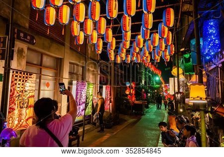 Yunlin, Taiwan - Feb 12th, 2020: lantern festival with lamps hanging at street in Beigang township, Yunlin county, Taiwan, Asia