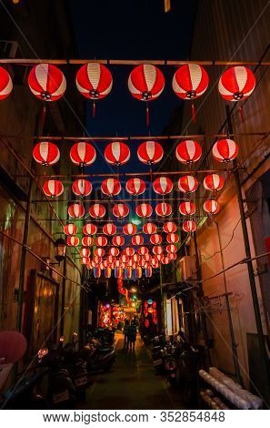 Yunlin, Taiwan - Feb 12th, 2020: lantern festival with lamps hanging at street in Beigang township, Yunlin county, Taiwan, Asia