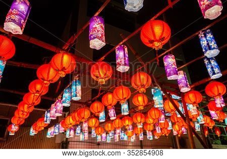 Yunlin, Taiwan - Feb 12th, 2020: lantern festival with lamps hanging at street in Beigang township, Yunlin county, Taiwan, Asia
