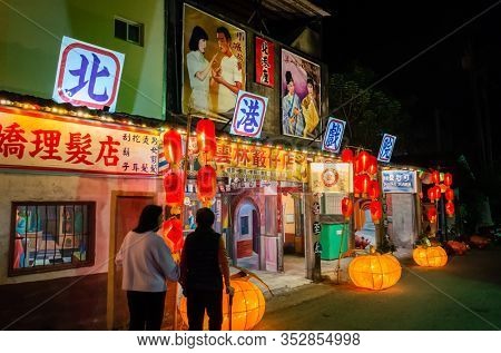 Yunlin, Taiwan - Feb 12th, 2020: lantern festival with lamps hanging at street in Beigang township, Yunlin county, Taiwan, Asia