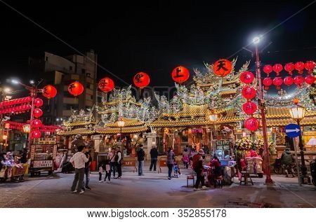 Yunlin, Taiwan - Feb 12th, 2020: lantern festival with lamps hanging at street in Beigang township, Yunlin county, Taiwan, Asia
