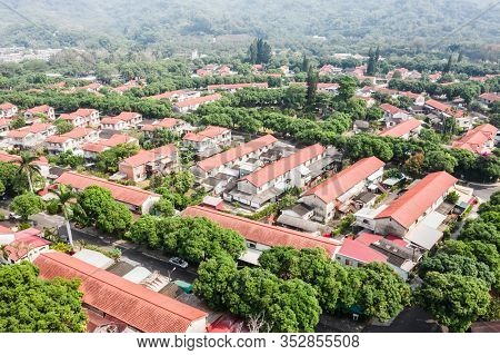 Caotun, Taiwan - October 31th, 2019: aerial view of street scenery with old house and trees at Zhongxing New Village, Nantou, Taiwan