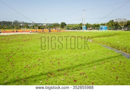 Daxi, Taiwan - November 15th, 2019: tourists walk at the garden in Daxi event of Taoyuan Flower Festival in Taoyuan, Taiwan, Asia