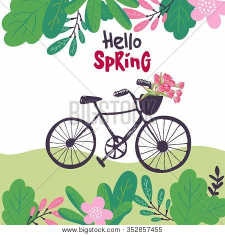 Spring, Summer. Bicycle With Flower, Tulps In Forest Landscape Trendy Flat Style. Background Plants,