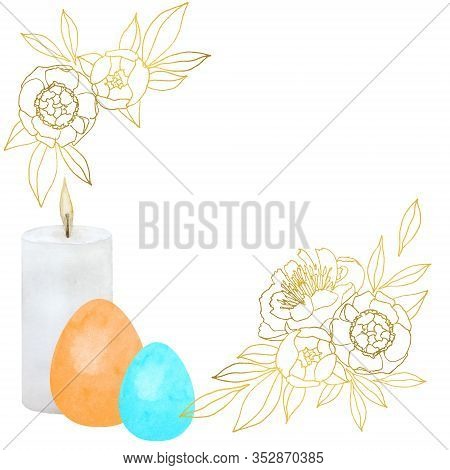 Easter Arrangement With Burning Candle And Two Watercolor Painted Eggs And Two Floral Ornaments. Tem