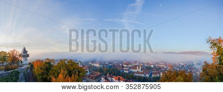 Colorful Autumn Colors, Bright Blue Sky In The Park And Eggenberg Palace In Graz, Styria Region, Aus