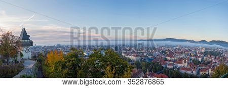 Colorful Autumn Colors, Bright Blue Sky In The Park And Eggenberg Palace In Graz, Styria Region, Aus