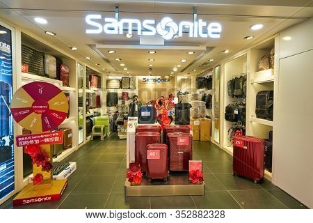 HONG KONG, CHINA - JANUARY 23, 2019: luggage on display at Samsonite store at New Town Plaza shopping mall in Sha Tin.