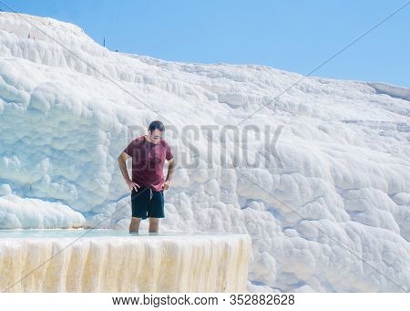 Pamukale / Turkey 17th Sep 2019 :a Man With Hands At Hip At Pamukkale Thermal Bath, Natural Site In 