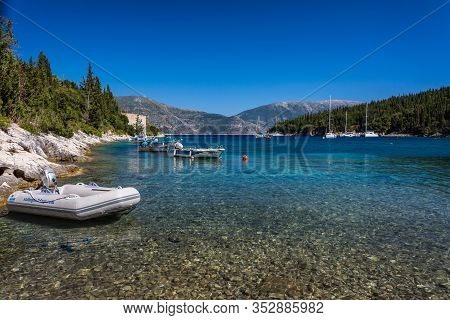 8.27.2014 - Boats And Crystall Blue Water On Kamini Beach, Greece, Kefalonia Island