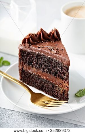 Dark Chocolate Cake Slice With Chocolate Buttercream Frosting