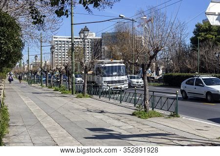 02/26/220. City Of Athens, Greece. Modern View Of Vasileos Constantinou Avenue, Cars, Motorcycles An