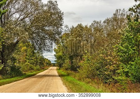 Autumn Colors Are Fading But The Sun Is Shining On A Peaceful, Quiet Back Road
