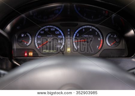 Novosibirsk, Russia - January 31, 2020:  Nissan Presage, Close Up Instrument Automobile Panel With O