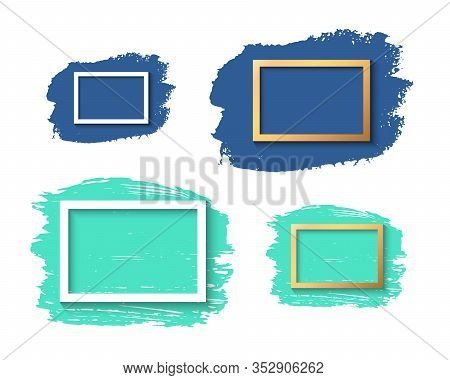 Sey Of White And Gold Frame , Ink Brush Stroke On The White Background. Vector Illustration