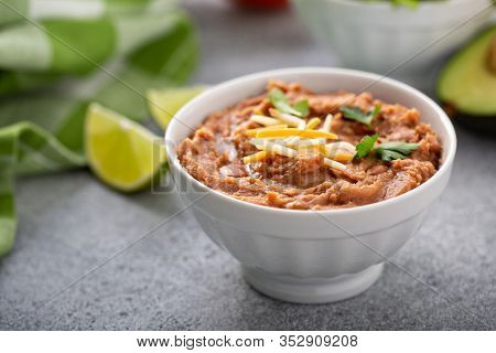 Refried Beans In A White Bowl, Mexican Dish